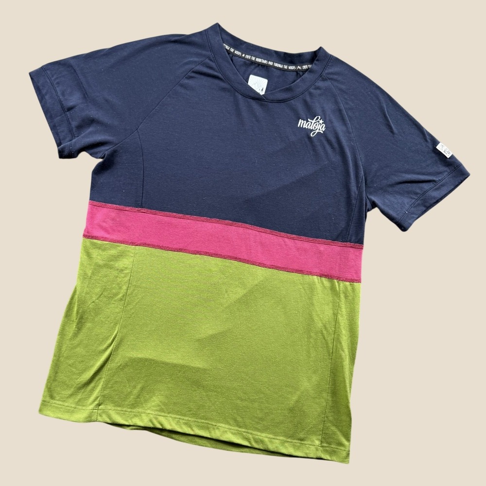 Maloja Cycling Jersey Womens M Navy Green Pink Colorblock Short Sleeve Trail Top